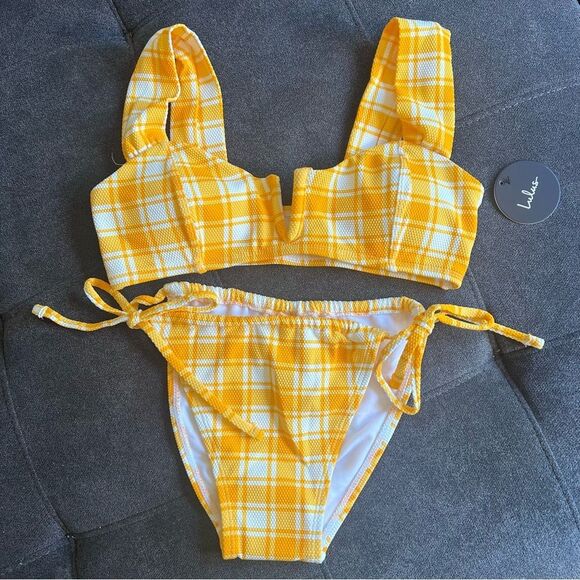 Lulus Marigold Yellow & White Plaid Textured Bikini Set - Picture 7 of 12